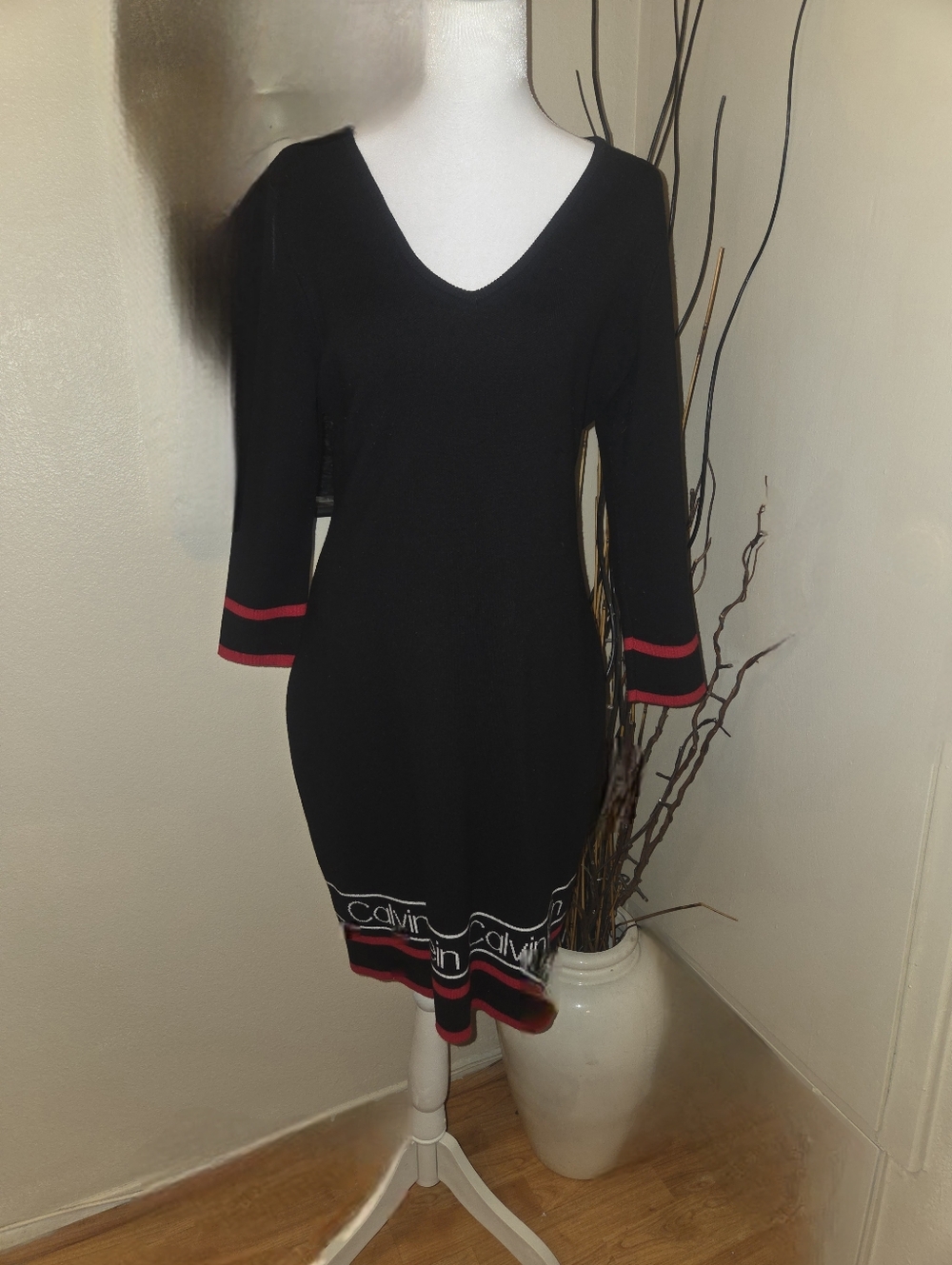 Calvin Klein Black V-Neck Knit Dress with Red Trim Accents
